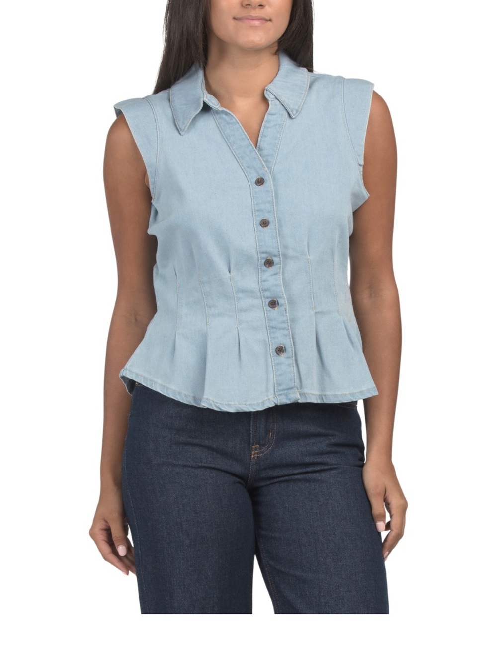 bagatelle Light Blue Sleeveless Denim Peplum Button-Front Top